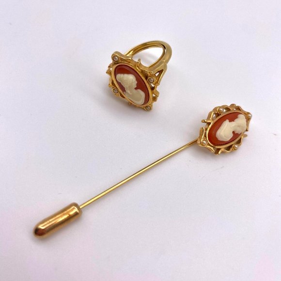 Vintage Avon Gold Metal Ring with Pearl Accents - Avon Gold Pin - Picture 4 of 5